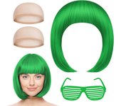 Juego de 4 pelucas bob cortas de color verde con gafas de sol y gorro de peluca, accesorio de neón para disfraces, peluca roja para fiesta de cosplay