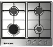 Meimon Encimera de gas Johnson en acero inox con 4 zonas de cocción, autoencendido, válvula de seguridad, mandos mecánicos en color plata, preparada para gas butano con kit de conversión a gas natural incluido, 59x51 cm