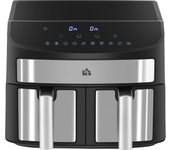 HOMCOM Freidora de aire caliente 8L con doble cámara, freidora de aire con 10 programas, freidora de aire 2400 W con pantalla táctil, receta, sin aceite, negra
