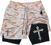 Men's cross printed 2-in-1 training shorts with compression lining, Christian gym sports shorts, phone pocket, towel buckle, run