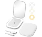 Espejo de maquillaje de viaje iluminado con luz y aumento, mini espejo LED recargable con aumento 3X para bolso, blanco