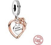 Hot Sale Rose Gold Series Pink Zircon Leaves Heart Pendant Sparkling Clip Bead Fit Pandora Charm Bracelet DIY 925 Silver Jewelry