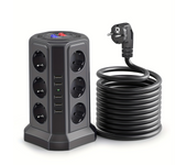 Regleta  de Enchufes Vertical con 2 Interruptores y 12 Schuko, 2 USB C y 3 USB A, 4000W/16A, con Cable de 2 metros