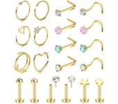 20 Piezas 20G Anillos Nariz de Arce Inoxidizable, 2MM Multicolor CZ Nostril Piercing, Labret Tragus Piercing Helix Conch Cartílago Piercing Joyas Gold