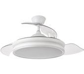 Ventilador de techo BAYOMO NEW DC 59w 6980lm Blanco, 4 Aspas Desplegables, Regulación de Intensidad y Tono de Luz 3000K, 4000K, 6000K Con Mando a Distancia. Medidas 34,5/42x50Ø/107Øcm - Abrila - Fabrilamp - Dimable. Incluye dos tijas. 12,5cm y 25c