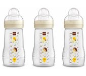 MAM Pack de 3 Biberones, 2+ Meses, 270ml, con Tetina 2 de Flujo Medio de Silicona de Fácil Aceptación, Fácil de Sostener, Fácil de Limpiar, Easy Active, Color Neutro Brillante