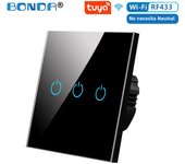 BONDA WiFi Smart Switch Alexa RF433 No Neutral Tuya Control Works With Google 1/2/3 Gang Smart Life Home Light Touch Switches EU