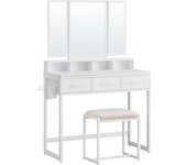 VASAGLE Maquillaje con Taburete Acolchado, tocador con Espejo Triple, 3 cajones, Soporte para secador de Pelo, cosmético, Estilo Moderno, Blanco