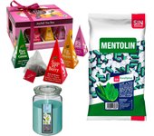 Pack bienestar: MENTOLIN EUCALIPTUS S/A BOLSA 1KG + WELL HOME - Vela con flor tiare + WELL HOME - Caja de Té Joyfull con variedad de sabores