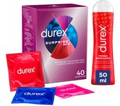 Durex - Surprise Mix 40 Condones Surtidos + Lubricante Fresa  50ml, Dame Placer, Sensitivo Suave, Extra Seguro y Estimulante Suave