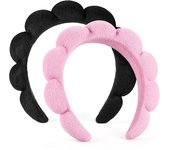 Spa Headbands for Washing Face or Facial, Set of 2 Skincare Headbands, Terry Cloth Headband Combo Pack - Puffy Makeup Headbands for Face Washing, Mask, Skin Treatment (Pink & Black)