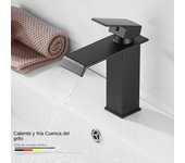 Grifo frío y caliente de cascada negra, lavabo de acero inoxidable, grifo de lavabo cuadrado