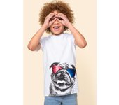 Camiseta niño verano Petit Alo – 100% algodón – Diseño Perro Bulldog con gafas y lentejuelas reversibles – Manga corta blanca