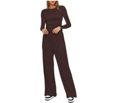 Casual suit with pleats new product solid color long sleeved top high waist wide leg pants sportswear