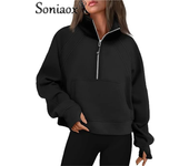 Women's Zipper Half Cardigan Splicing Kangaroo Pouch Thickened Sweatshirt Female Autumn Winter Stand-up Collar Hoodie Outerwear