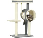 PawHut Rascador para gatos de 104 cm con cueva para gatos, rascador para gatos con pelota de juego, árbol para gatos con 2 zonas de descanso, árbol trepador para gatos de hasta 5 kg, mueble para gatos, sisal, gris