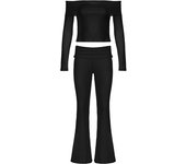 Women Solid Skinny Ruched Off Shoulder Long Sleeve Tee Shirt And Flared Pants 2 Pieces Sets