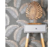 Muestra DIN A4 de Papel pintado vinílico lavable tropical de hojas en relieve y detalles metalizados - Alan Palmer 681288 de GAULAN