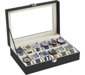 Caja para relojes con 12 compartimentos, tapa de cristal, almohadillas extraíbles, cierre de metal, ideal para regalo, piel sintética negra.