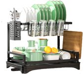 Escurridor de platos, escurridor de platos de 2 niveles para encimera de cocina, escurridor de platos grande con escurridor y soportes para utensilios, escurridores de platos a prueba de óxido, organización de cocina