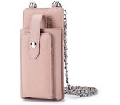 Cartera para teléfono móvil para Mujer, type Bandolera, de Piel Auténtica, Con tarjetero y Cadena de metal, color rosa