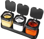 Juego de 3 tarros de cristal resistentes al calor con tapa y cuchara de acero inoxidable para especias, condimentos, semillas, cereales, azúcar y sal