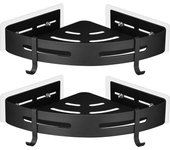 Estante de ducha de esquina sin perforación, de metal, con 2 ganchos para ducha, soporte antioxidante, autoadhesivo para artículos de baño, 2 piezas (negro)