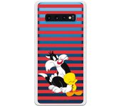 Funda original compatible con Samsung Galaxy S10 Plus - Sylvestre y Piolin Franjas Rojas