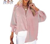 Camisa de largo medio con solapa a rayas y mangas largas ajustadas, Camisa de largo medio con solapa a rayas