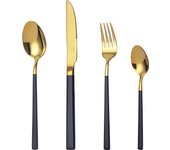 Mr.Spoon Juego 24 piezas cubiertos, Acero inoxidable 18/0, Color Dorado, Mango Negro,Incluye cuchillo,tenedor,cuchara,cucharilla, Cubertería,Servicio para 6 Personas, Apto para lavavajillas. Ideas de regalo， Incluye bolsa de regalo.70164