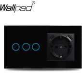 EU 1 Gang Touch Switch And Wall Power Socket with USB Type-C Charging Ports Wallpad 157x86mm Black Glass Panel Smart Home