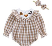 Newborn Girl Outfit, Long Sleeve Crew Neck Plaid Romper with Bow Hairband Fall Clothes