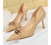 Women 7cm High Heels Pumps Lady Scarpins Nightclub Blue Nude Red Low Heels Wedding Party Metal Chain Buckle Mom Office Shoes
