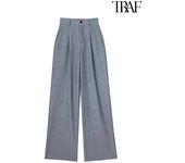 TRAF Women's High Waisted Striped Pants Fashion Front Pleated Casual Straight Leg Pants Office Lady Loose Straight Leg Pants