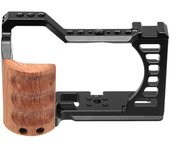 PULUZ Video Camera Cage For Sony Alpha 7C / ILCE-7C / A7C Camera Wood Handle Metal Stabilizer Rig Cage with 1/4 3/8 Screw Holes