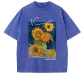 Casual Womens Cotton Washed T-Shirts Van Gogh Sunflower Printing Short Sleeve O-Neck Breathable Soft Tops Fashion Female Clothes