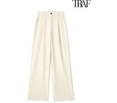 TRAF Women's High Waisted Striped Pants Fashion Front Pleated Casual Straight Leg Pants Office Lady Loose Straight Leg Pants