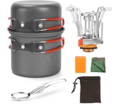 Kit de sartenes para estufa de camping de aluminio duradero y compacto de varias piezas, utensilios de camping completos con estufa de camping ultraligera para senderismo y pesca