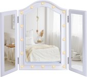 HOMCOM Espejo de Maquillaje con Luz LED Plegable Espejo Triple de Mesa Regalo Original para Mujer Cargo con Batería Espejo Cosmético con Iluminación 73x53.5x4.5cm