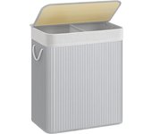 SONGMICS Cesta de lavandería con tapa, 2 compartimentos, de bambú, con bolsa extraíble lavable, bolsa extraíble, asas de algodón, 100 l, para colada, dormitorio, Blanco/Gris