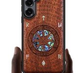 Funda magnética de madera para Galaxy S25+/S25 Plus, con grabado artesanal de madera e incrustaciones de concha, compatible con cargadores inalámbricos MagSafe (estilo azteca, lagos alpinos) rosa