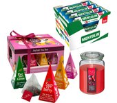 Pack relax: MENTOLIN EXTRA FUERTE S/A TUBO 12X20G + Vela perfumada de frutos rojos + Caja de Té Joyfull con variedad de sabores