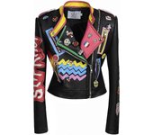 El COMERCIO MUNDIAL DE Las Mujeres chaqueta Cuero Impresión Dibujos Animados Negro Tachonado Motor Biker Punk Coat