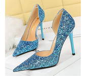 Women Luxury 7cm 10.5cm High Heels Scarpins Catwalk Goddess Shoes Lady Party Sequins Sparkly Wedding Low Heels Blue Silver Pumps