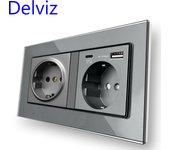 Delviz Wall Power Double Outlet, 5V 3100mA With usb Quick charge Port, Tempered glass panel, EU Standard 18W Type C USB Socket