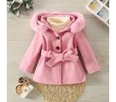 Winter New Girls Coat Velvet Hat Warm Long Sleeve Bow Waist Hooded Coat Warm Everything With Solid Color Coat