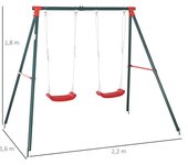 Outsunny Columpio Doble para Niños +3 Años con Soporte de Metal Juego de Columpio Infantil Cuerda Ajustable Exteriores Carga Máx. 40kg 220x160x180cm Verde Rojo