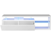 Meimon Mueble TV BLUE-TECH de 150 cm con puerta abatible, estantes de cristal con iluminación LED azul incluida, apertura push, acabado en blanco brillo, estructura en tablero melaminizado tipo E1, cantos de PVC y patas ABS antirruido
