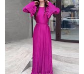 Women Summer Solid Tunics Pleats Maxi Dress For 2024 New Spring Fashion Bell Sleeves Festa Luxo Party Elegant Long Sleeve Dress