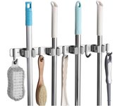 Soporte para escoba de pared de acero inoxidable, colgador de escoba de pared con 4 ranuras y 5 ganchos para cocina, baño, garaje